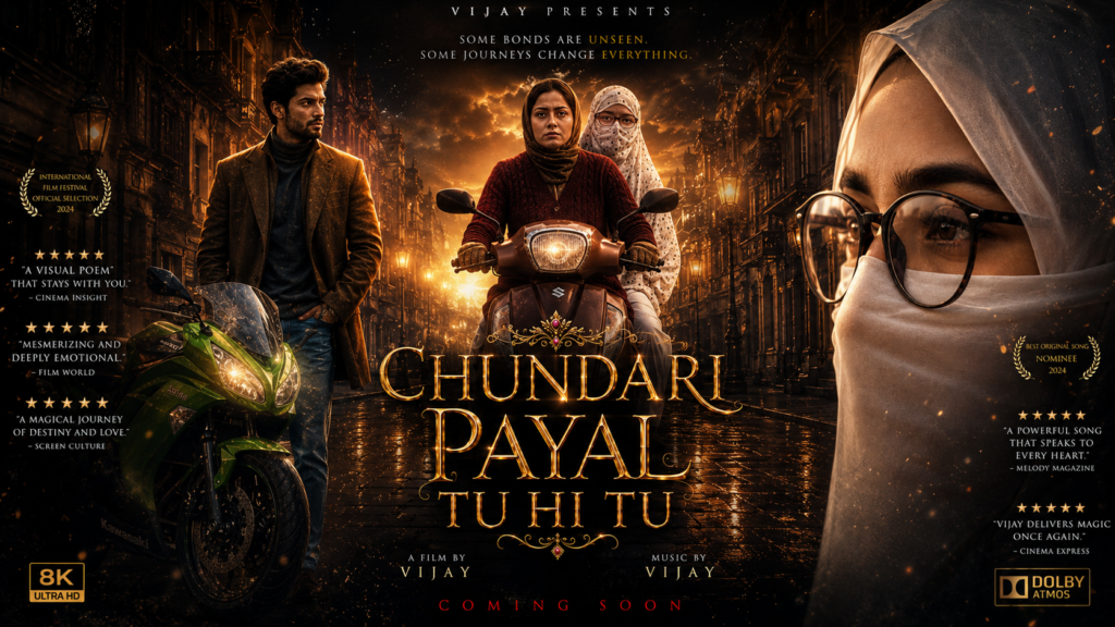 Chundari Payal Tu Hi Tu cinematic Bollywood-style poster featuring a girl in chunri with glasses, emotional street background, scooter scene, and dramatic golden lighting